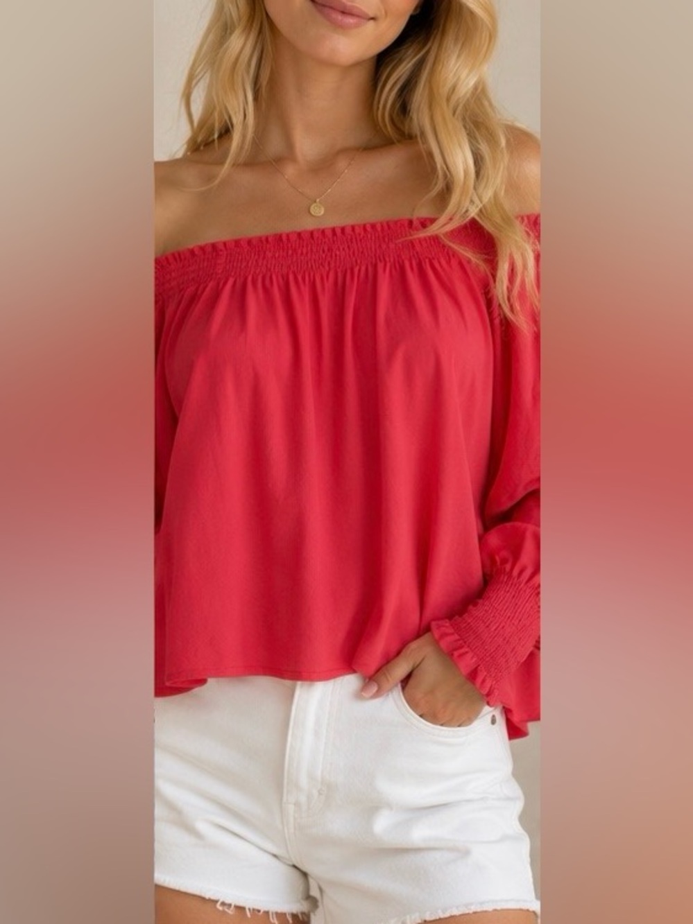 Express Off-Shoulder Flowy Tunic in Coral Red